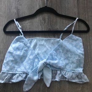 Frilly embroidered lace front tie crop top